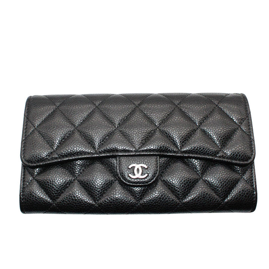 CHANEL シャネル 長財布 マトラッセ ブラック シルバー金具 キャビアスキン レディース 【中古】