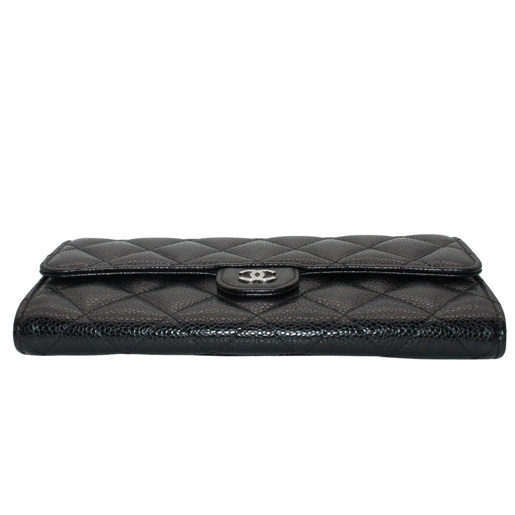 CHANEL シャネル 長財布 マトラッセ ブラック シルバー金具 キャビアスキン レディース 【中古】