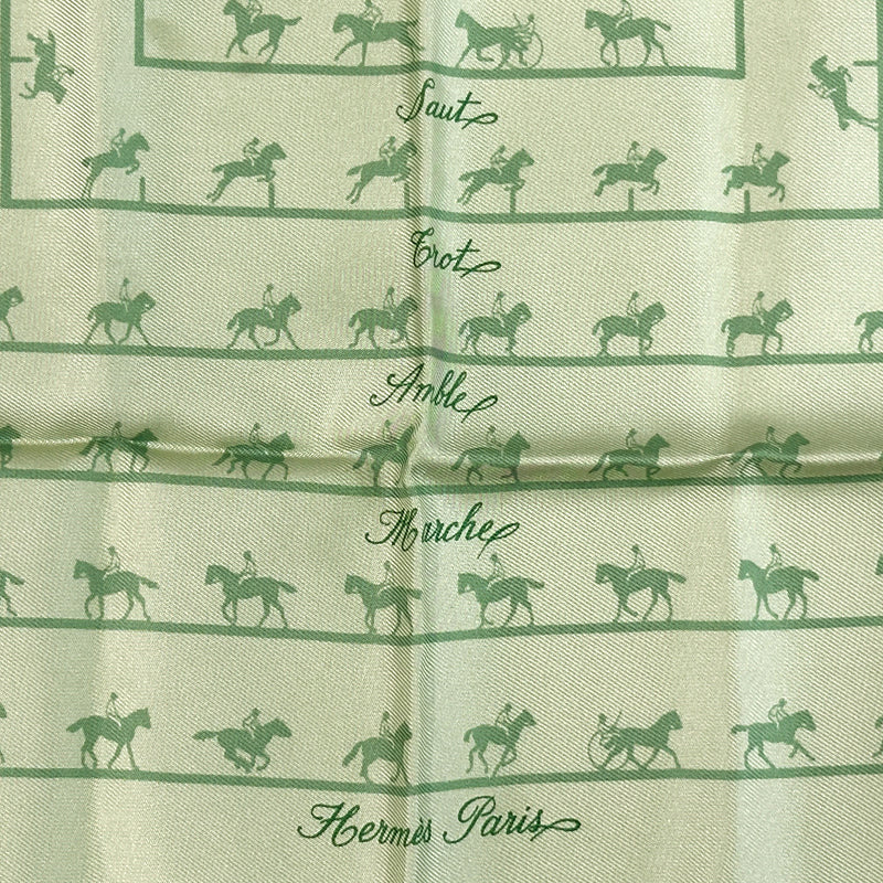 HERMES エルメス カレ40 Saut Galop Canter Rack 馬術乗馬 スカーフ グリーン シルク レディース 【中古】