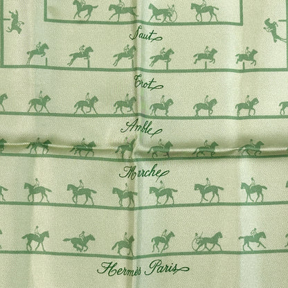 HERMES エルメス カレ40 Saut Galop Canter Rack 馬術乗馬 スカーフ グリーン シルク レディース 【中古】