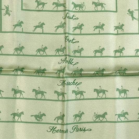 HERMES エルメス カレ40 Saut Galop Canter Rack 馬術乗馬 スカーフ グリーン シルク レディース 【中古】