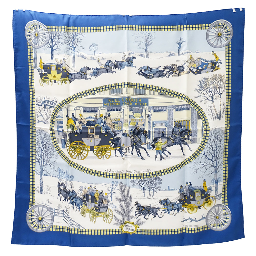 HERMES エルメス L'HIVER EN POSTE 冬の郵便馬車 スカーフ カレ 90 ブルー シルク レディース 【中古】
