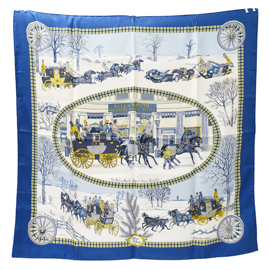HERMES エルメス L'HIVER EN POSTE 冬の郵便馬車 スカーフ カレ 90 ブルー シルク レディース 【中古】