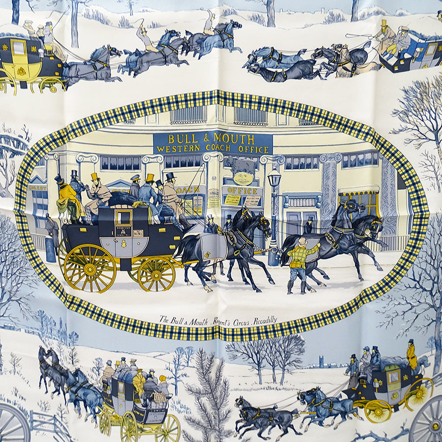 HERMES エルメス L'HIVER EN POSTE 冬の郵便馬車 スカーフ カレ 90 ブルー シルク レディース 【中古】