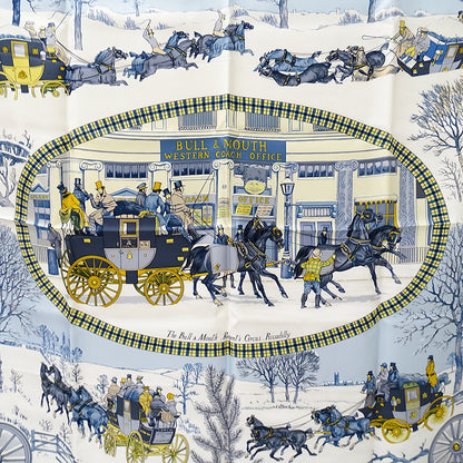 HERMES エルメス L'HIVER EN POSTE 冬の郵便馬車 スカーフ カレ 90 ブルー シルク レディース 【中古】