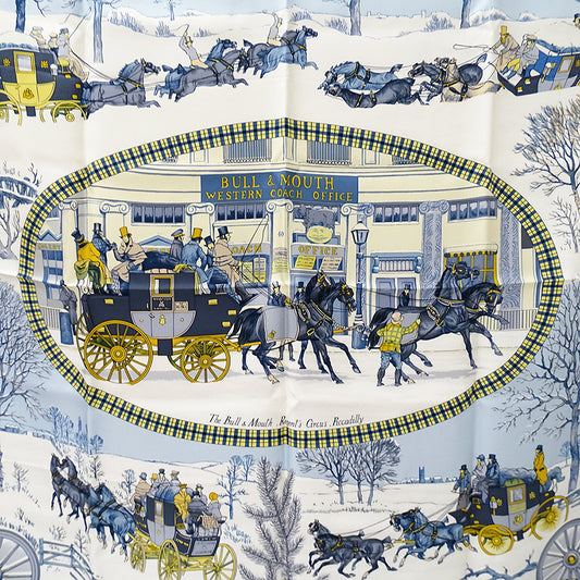 HERMES エルメス L'HIVER EN POSTE 冬の郵便馬車 スカーフ カレ 90 ブルー シルク レディース 【中古】