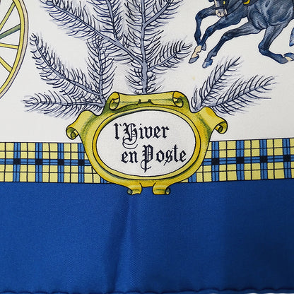 HERMES エルメス L'HIVER EN POSTE 冬の郵便馬車 スカーフ カレ 90 ブルー シルク レディース 【中古】