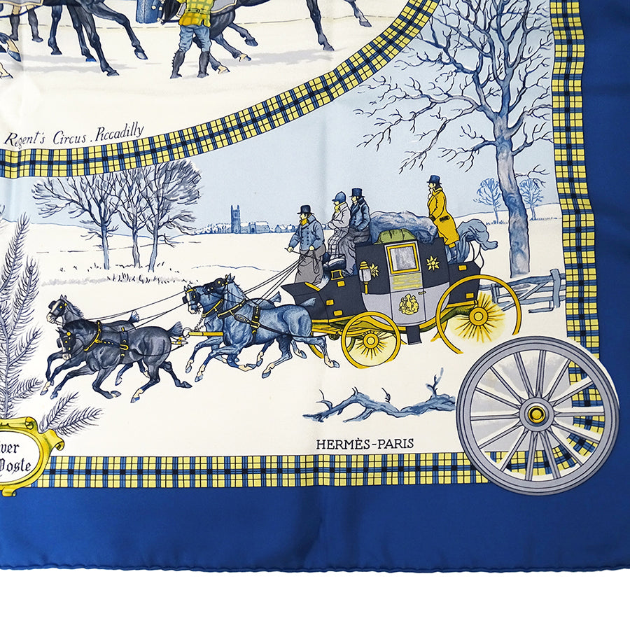 HERMES エルメス L'HIVER EN POSTE 冬の郵便馬車 スカーフ カレ 90 ブルー シルク レディース 【中古】