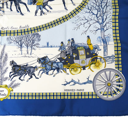 HERMES エルメス L'HIVER EN POSTE 冬の郵便馬車 スカーフ カレ 90 ブルー シルク レディース 【中古】