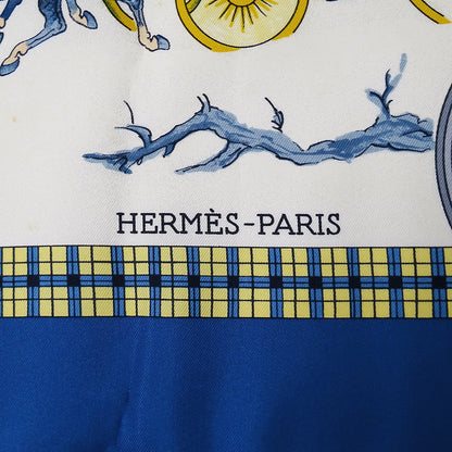 HERMES エルメス L'HIVER EN POSTE 冬の郵便馬車 スカーフ カレ 90 ブルー シルク レディース 【中古】