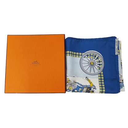 HERMES エルメス L'HIVER EN POSTE 冬の郵便馬車 スカーフ カレ 90 ブルー シルク レディース 【中古】
