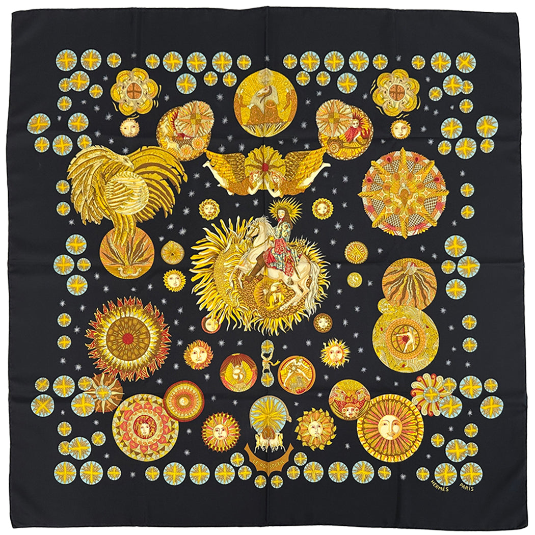 HERMES エルメス カレ90 LE ROY SOLEIL 太陽王 スカーフ ブラック イエロー シルク レディース 【中古】