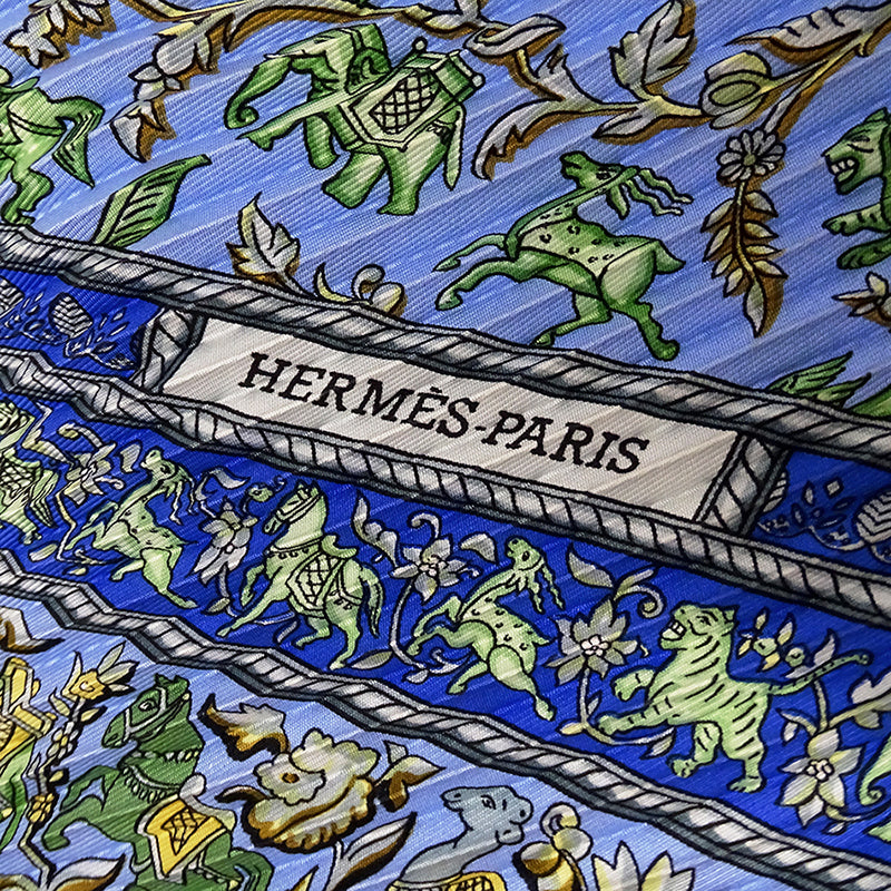 HERMES エルメス CHASSE EN INDE インドの狩猟 スカーフ プリーツカレ ブルー シルク レディース 【中古】