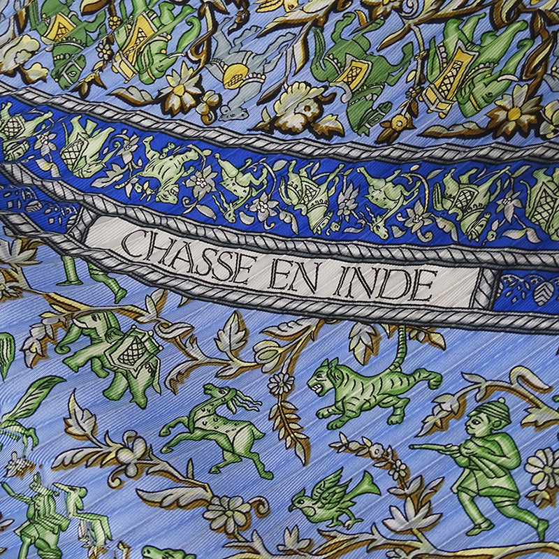 HERMES エルメス CHASSE EN INDE インドの狩猟 スカーフ プリーツカレ ブルー シルク レディース 【中古】
