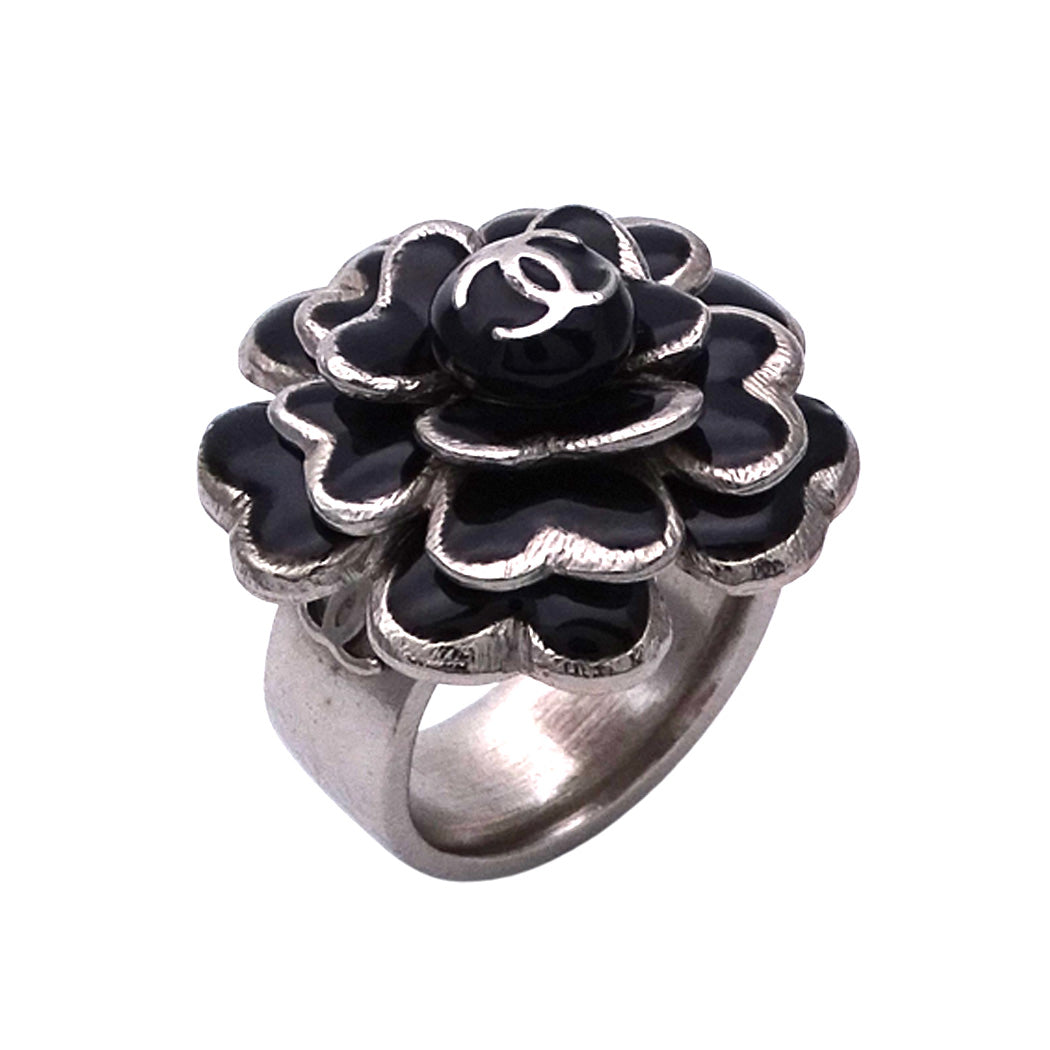 CHANEL シャネル リング 指輪 カメリア ココマーク シルバー ブラック レディース 【中古】
