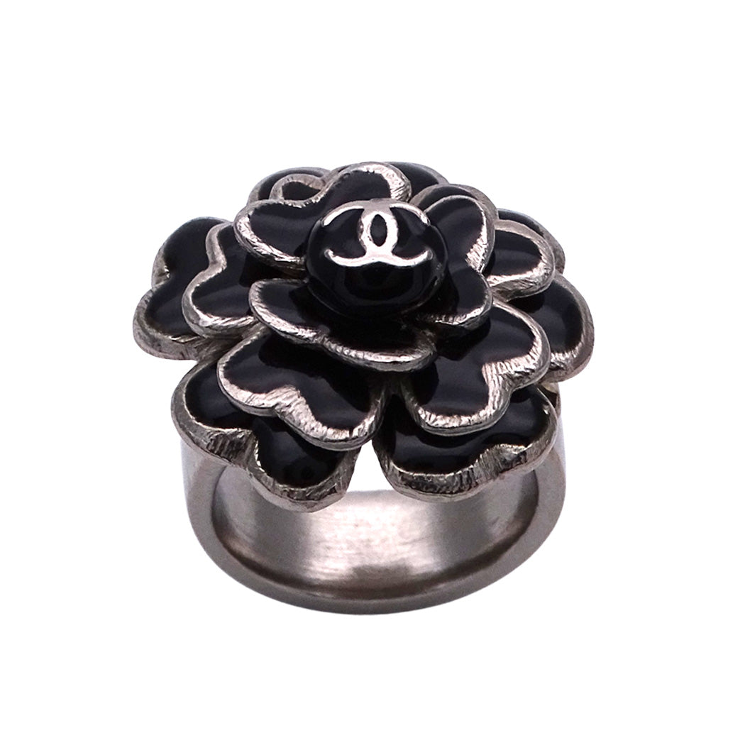 CHANEL シャネル リング 指輪 カメリア ココマーク シルバー ブラック レディース 【中古】