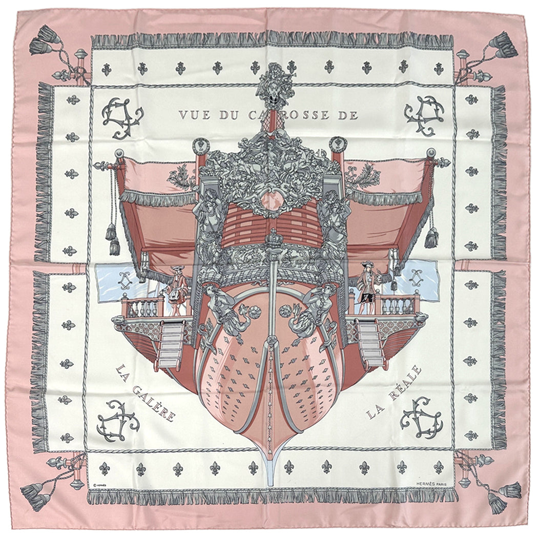 HERMES エルメス カレ90 VUE DU CARROSSE DE LA GALERE LA REALE クイーンの戴冠式 スカーフ ピンク マルチカラー シルク レディース 【中古】