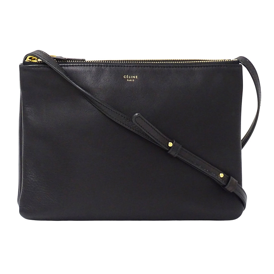 CELINE セリーヌ トリオ ラージ ショルダーバッグ ブラック レザー レディース 【中古】