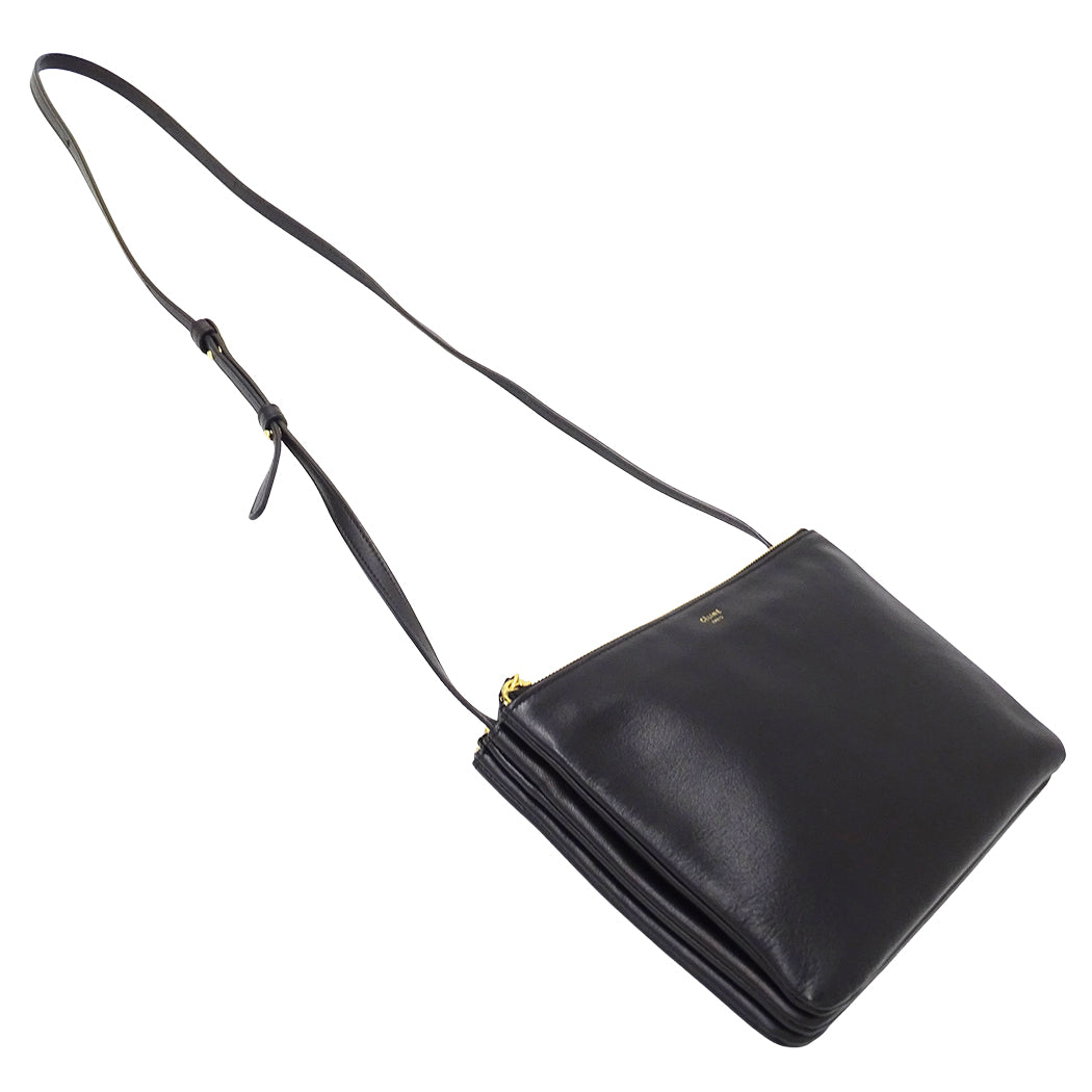 CELINE セリーヌ トリオ ラージ ショルダーバッグ ブラック レザー レディース 【中古】