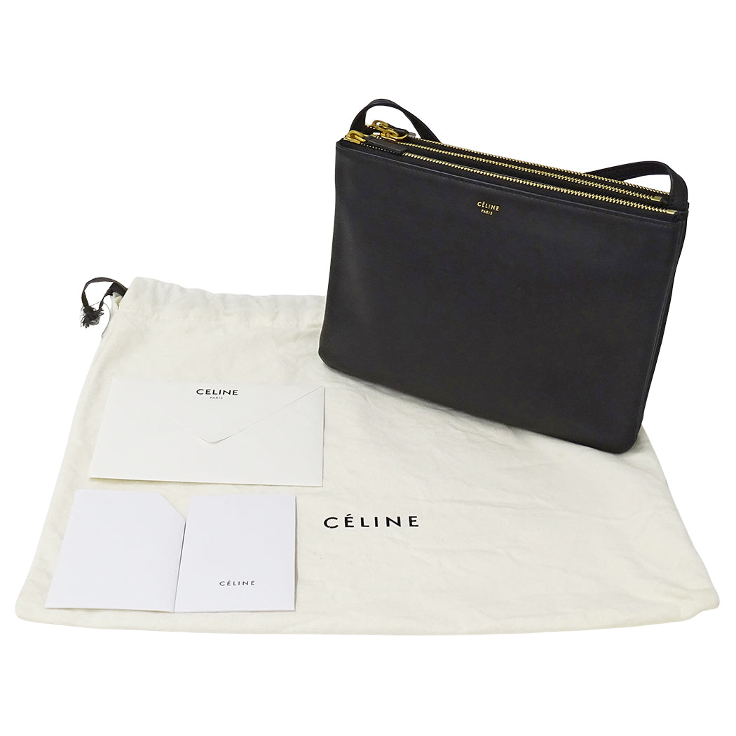 CELINE セリーヌ トリオ ラージ ショルダーバッグ ブラック レザー レディース 【中古】