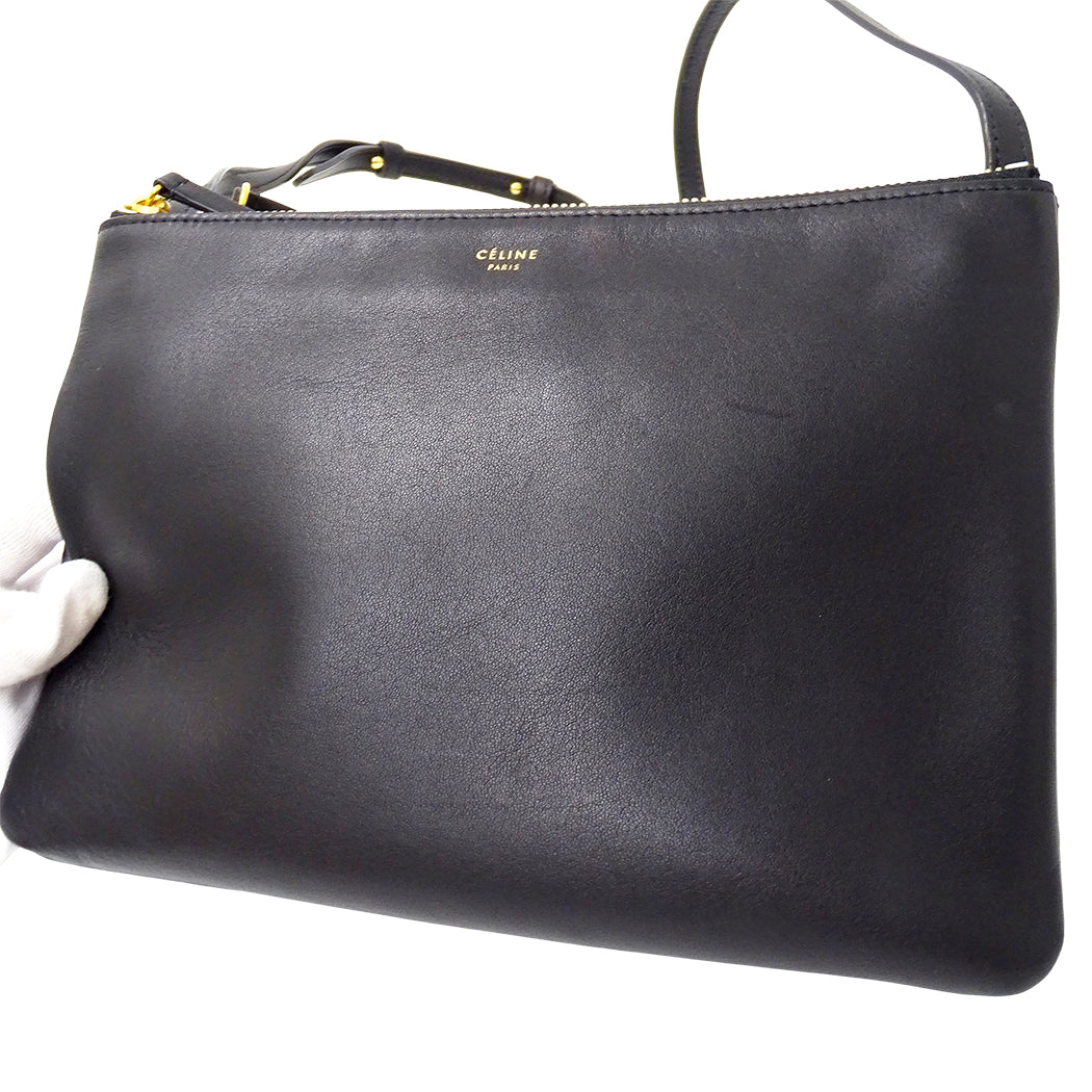 CELINE セリーヌ トリオ ラージ ショルダーバッグ ブラック レザー レディース 【中古】