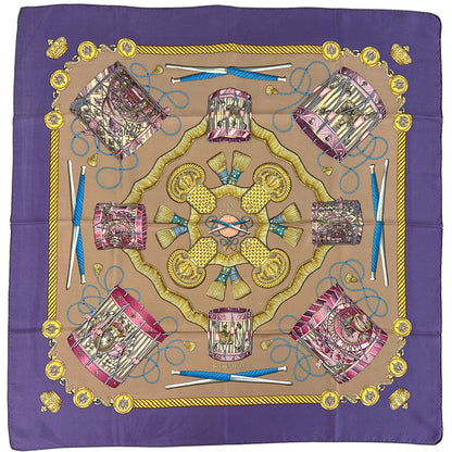 HERMES エルメス カレ90 LES TAMBOURS タンブールの太鼓 スカーフ パープル ブラウン シルク レディース 【中古】