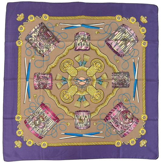 HERMES エルメス カレ90 LES TAMBOURS タンブールの太鼓 スカーフ パープル ブラウン シルク レディース 【中古】