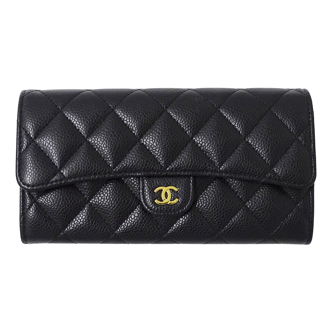 CHANEL シャネル 長財布 マトラッセ ブラック ゴールド金具 キャビアスキン レディース 【中古】