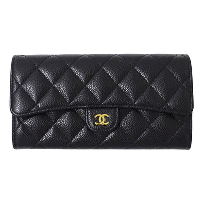 CHANEL シャネル 長財布 マトラッセ ブラック ゴールド金具 キャビアスキン レディース 【中古】