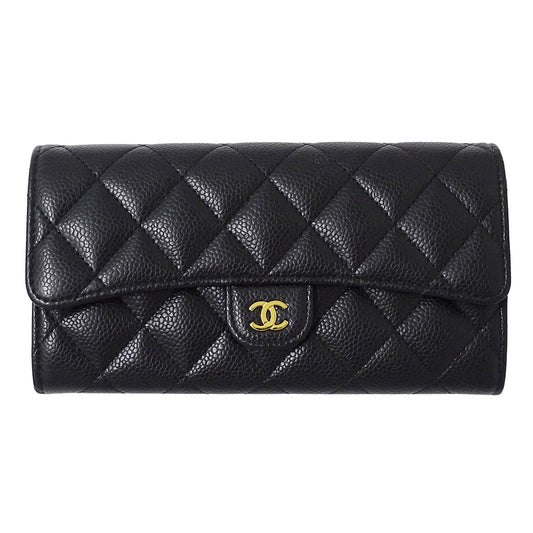CHANEL シャネル 長財布 マトラッセ ブラック ゴールド金具 キャビアスキン レディース 【中古】