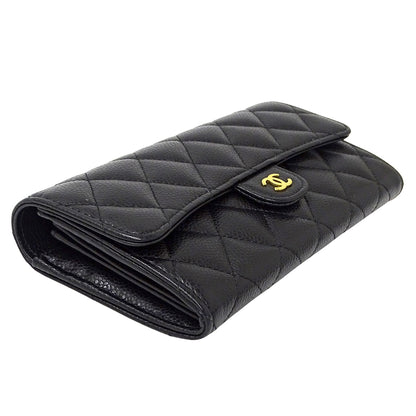 CHANEL シャネル 長財布 マトラッセ ブラック ゴールド金具 キャビアスキン レディース 【中古】