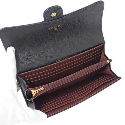 CHANEL シャネル 長財布 マトラッセ ブラック ゴールド金具 キャビアスキン レディース 【中古】