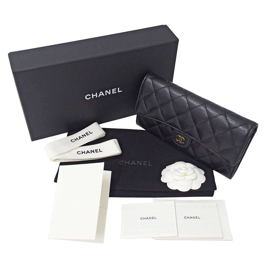 CHANEL シャネル 長財布 マトラッセ ブラック ゴールド金具 キャビアスキン レディース 【中古】