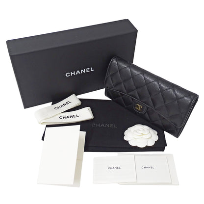 CHANEL シャネル 長財布 マトラッセ ブラック ゴールド金具 キャビアスキン レディース 【中古】