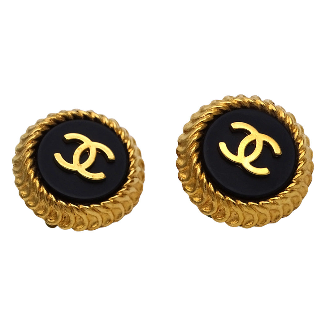 CHANEL シャネル ラウンド イヤリング メタル ゴールド ブラック レディース 【中古】