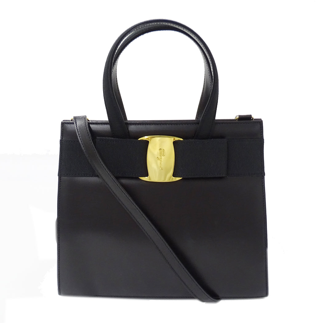 Ferragamo フェラガモ ハンドバッグ ヴァラリボン ブラック レザー レディース 【中古】