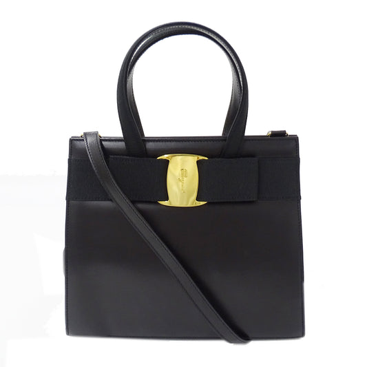 Ferragamo フェラガモ ハンドバッグ ヴァラリボン ブラック レザー レディース 【中古】