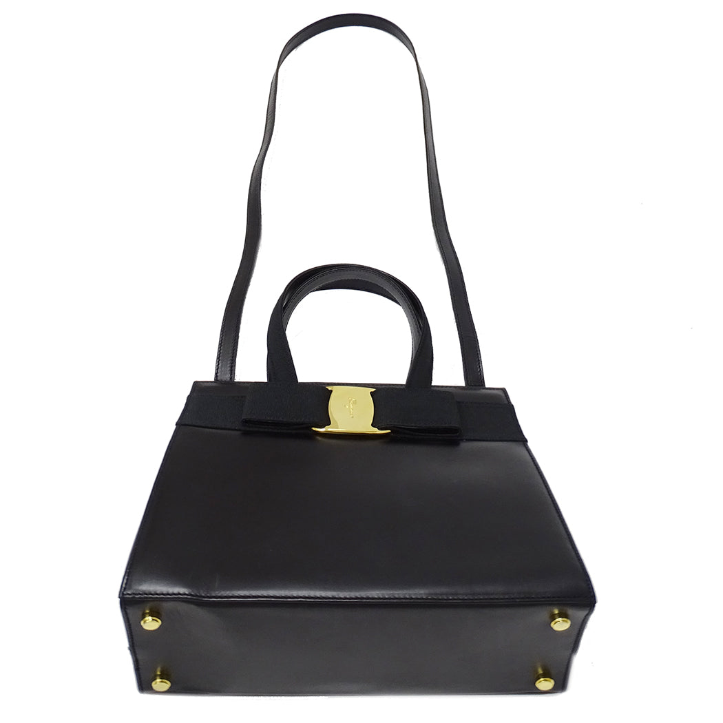 Ferragamo フェラガモ ハンドバッグ ヴァラリボン ブラック レザー レディース 【中古】
