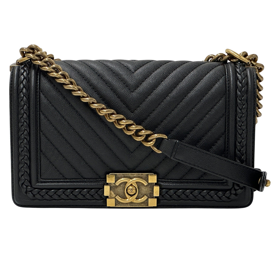 CHANEL シャネル ショルダーバッグ ボーイシャネル Vステッチ ブラック レディース ソフトキャビアスキン チェーンショルダー