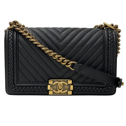 CHANEL シャネル ショルダーバッグ ボーイシャネル Vステッチ ブラック レディース ソフトキャビアスキン チェーンショルダー