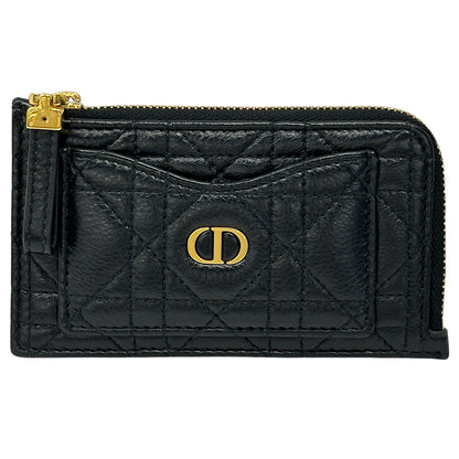 Dior ディオール カロ コスモス ジップカードホルダー コインケース ブラック ゴールド金具 レザー レディース 【中古】