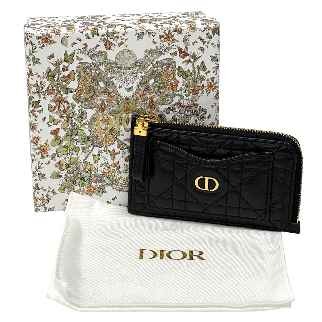 Dior ディオール カロ コスモス ジップカードホルダー コインケース ブラック ゴールド金具 レザー レディース 【中古】