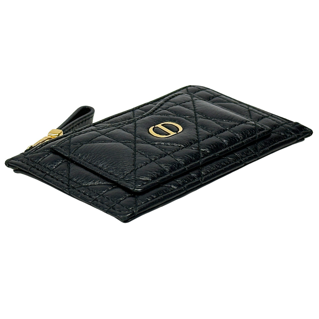 Dior ディオール カロ コスモス ジップカードホルダー コインケース ブラック ゴールド金具 レザー レディース 【中古】