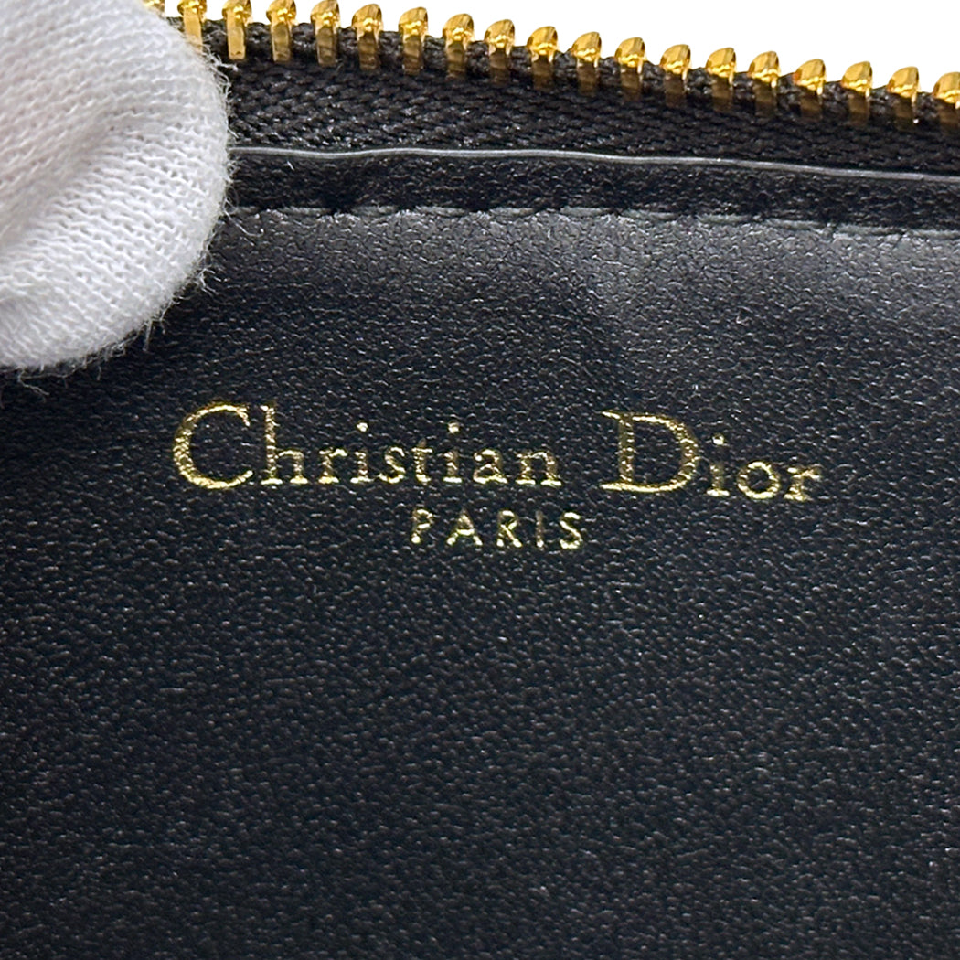Dior ディオール カロ コスモス ジップカードホルダー コインケース ブラック ゴールド金具 レザー レディース 【中古】