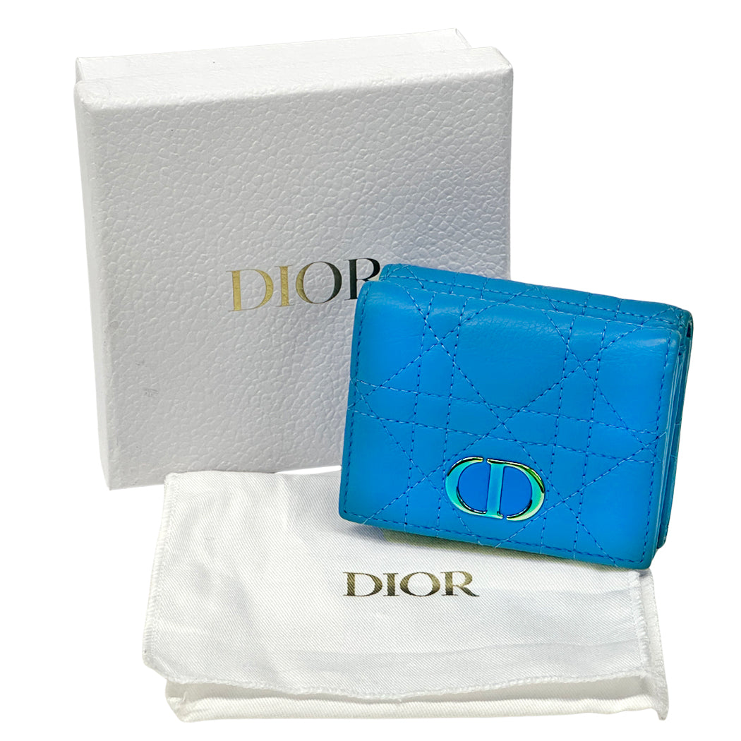 Dior ディオール 三つ折り財布 カロ ブルー レザー レディース 【中古】