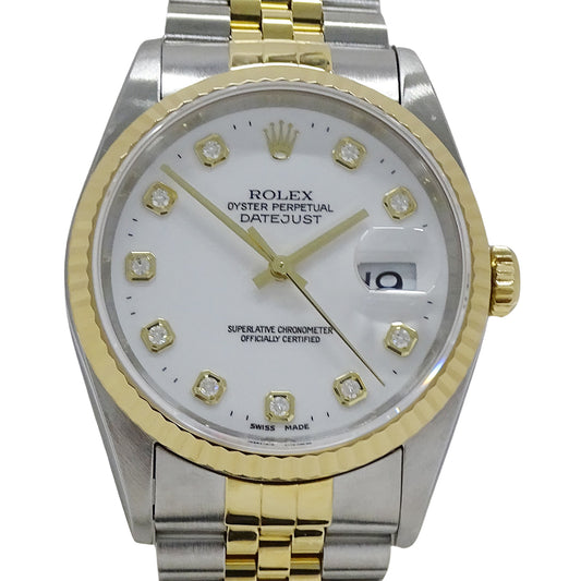 ROLEX ロレックス デイトジャスト 16233G W番 メンズ 腕時計 自動巻き AT SS YG ダイヤモンド 磨き済み【中古】