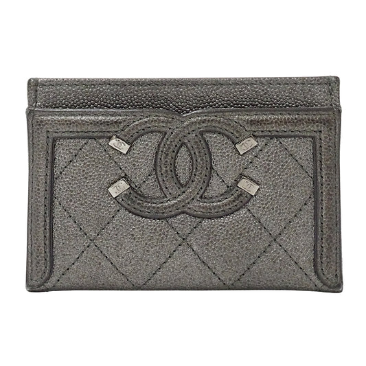 CHANEL シャネル カードケース マトラッセ CCフィリグリー グレー シルバー金具 キャビアスキン レディース 【中古】