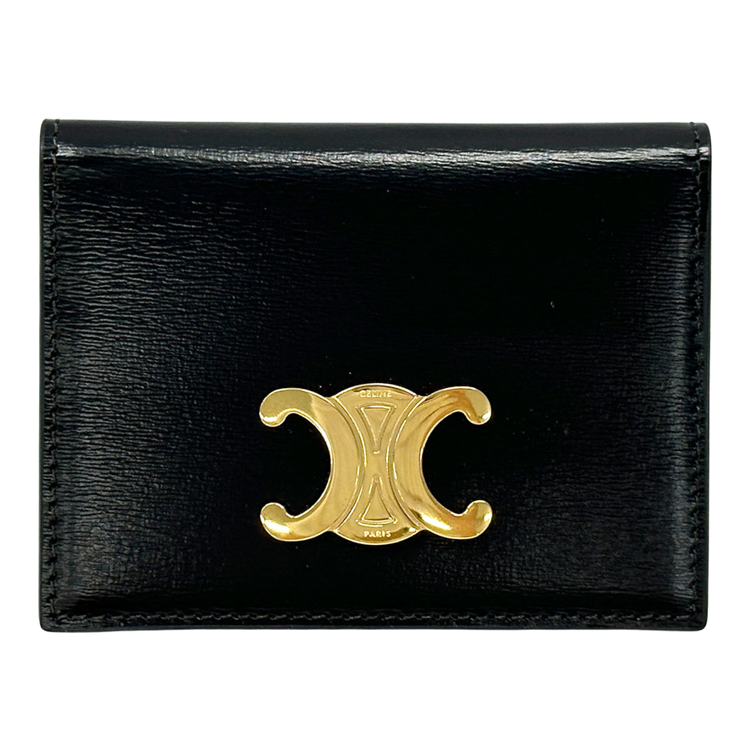 CELINE セリーヌ バイフォールド トリオンフ カードホルダー カードケース ブラック ゴールド金具 10P353DPV.38NO レディース 【中古】