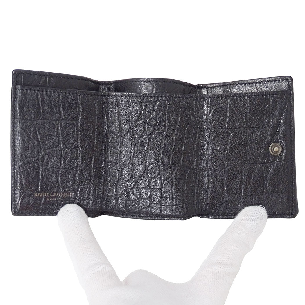 SAINT LAURENT サンローラン 三つ折り財布 ブラック レザー レディース 【中古】