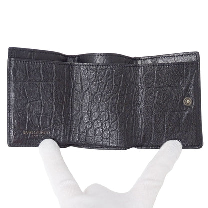 SAINT LAURENT サンローラン 三つ折り財布 ブラック レザー レディース 【中古】
